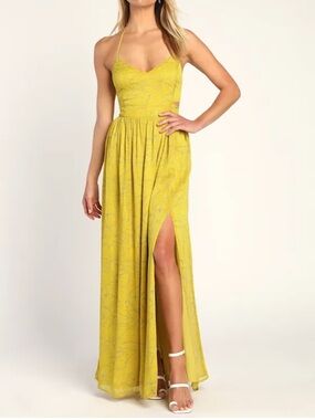 Yellow Tropical Print Halter Cutout Maxi Dress